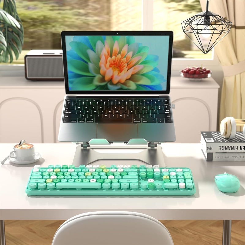 MPTOG Colorful Wireless Computer Keyboard and Mouse Combo with Round Typewriter Keycaps, Retro Design, Power Switch, Ergonomic Design, 2.4GHz Wireless for Windows, Mac, PC(Green-Colorful) - Image 3